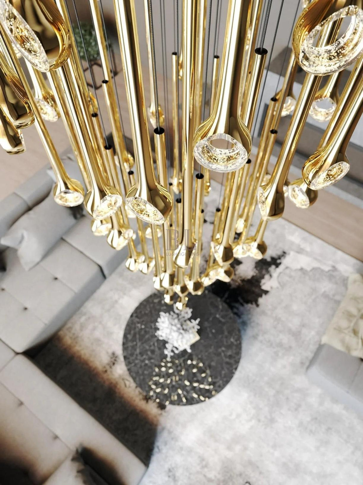 Modern Floating Long Gold Pendant Celing Chandelier for Living Room/High-ceiling - Zelno Lighting
