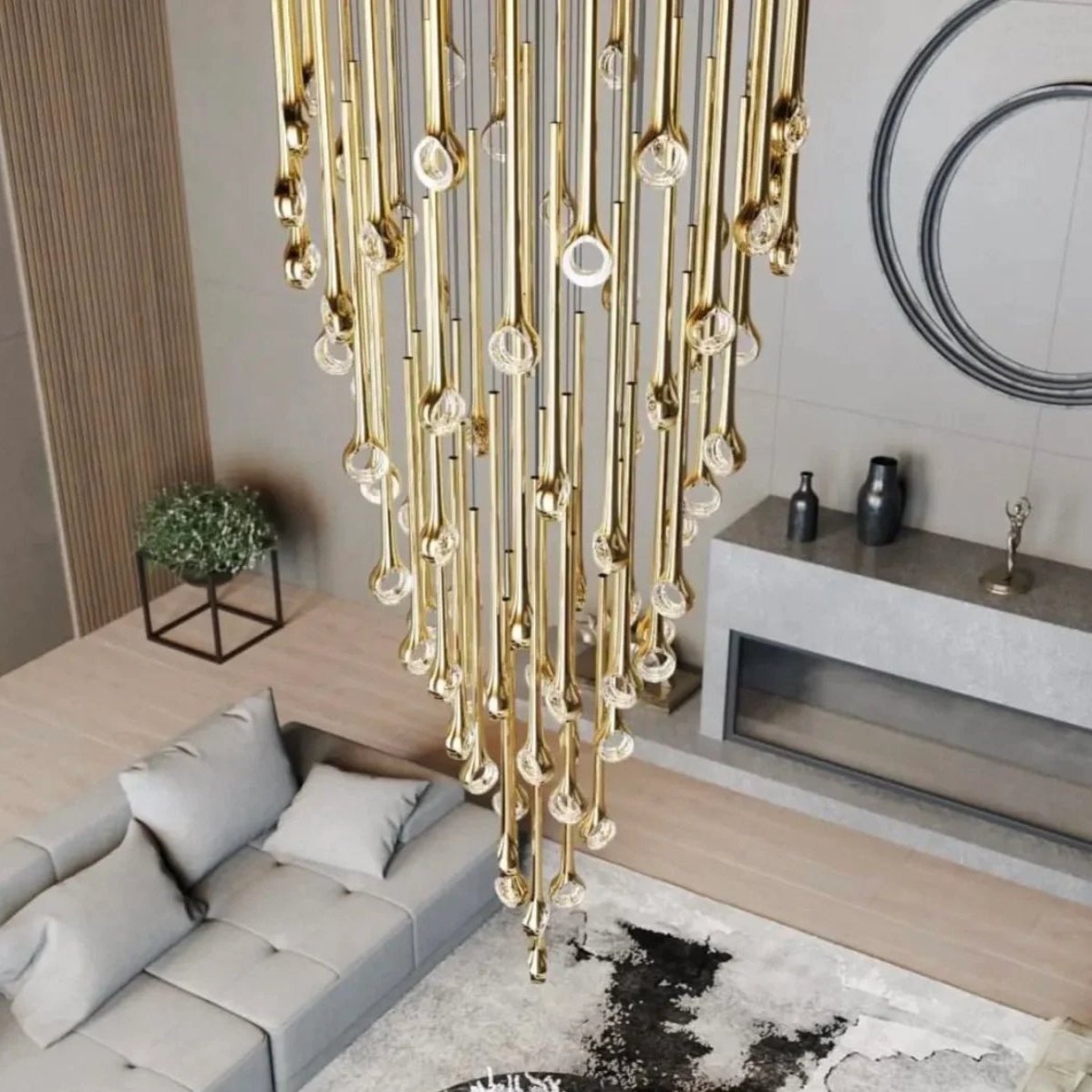 Modern Floating Long Gold Pendant Celing Chandelier for Living Room/High-ceiling - Zelno Lighting