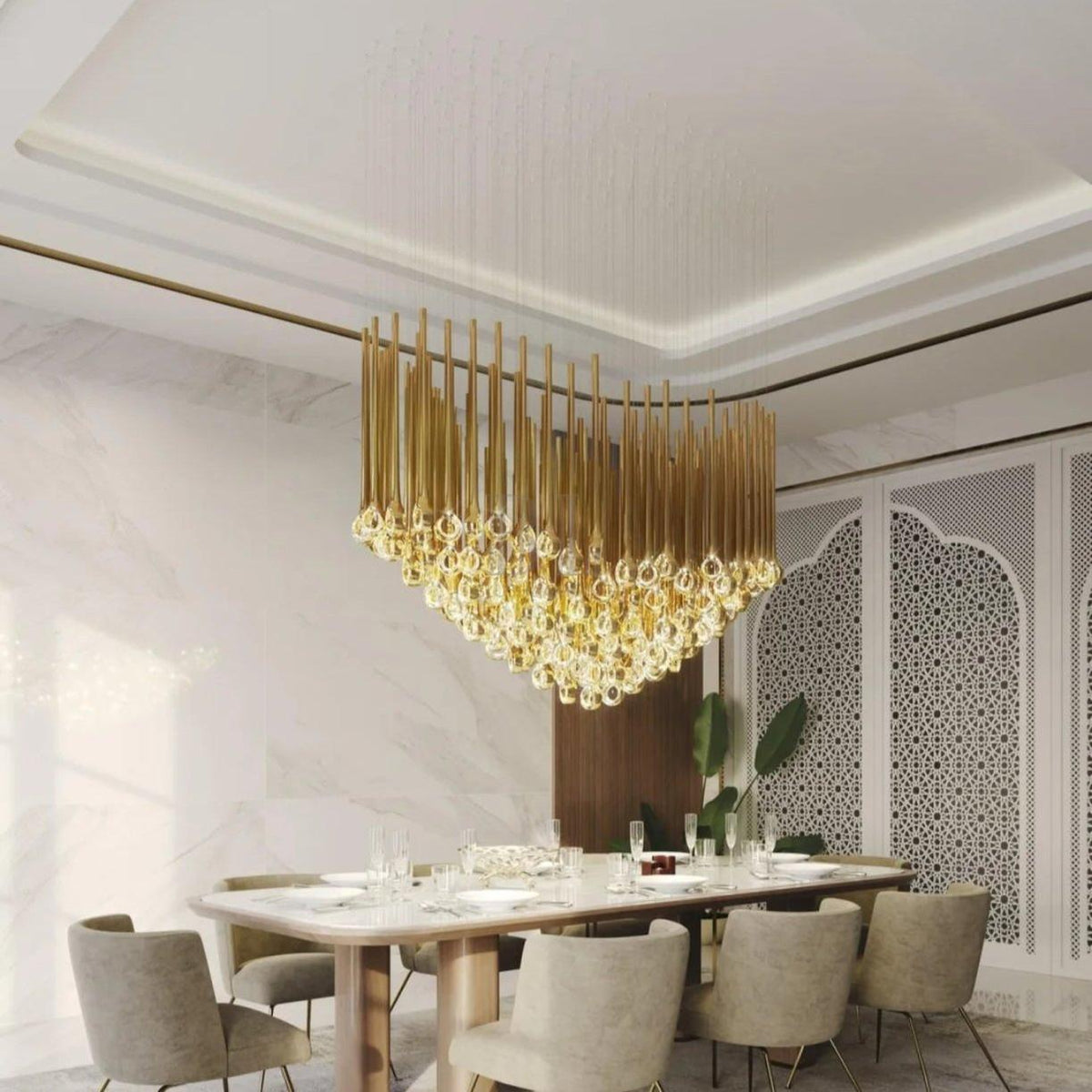 Modern Floating Long Gold Pendant Celing Chandelier for Living Room/High-ceiling - Zelno Lighting