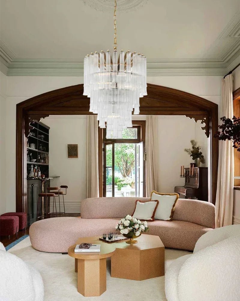 Modern Glass Rod Brass/Chrome Lorelei Waterfall Round Tiered Chandelier - Zelno