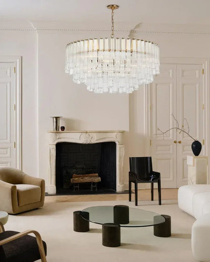 Modern Glass Rod Brass/Chrome Lorelei Waterfall Round Tiered Chandelier - Zelno