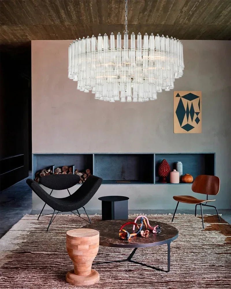 Modern Glass Rod Brass/Chrome Lorelei Waterfall Round Tiered Chandelier - Zelno