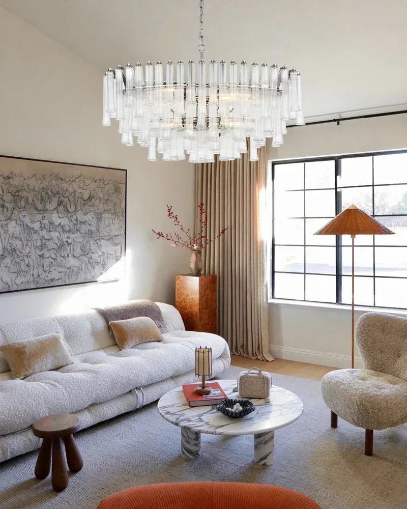 Modern Glass Rod Brass/Chrome Lorelei Waterfall Round Tiered Chandelier - Zelno