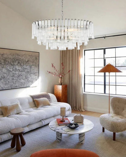 Modern Glass Rod Brass/Chrome Lorelei Waterfall Round Tiered Chandelier - Zelno