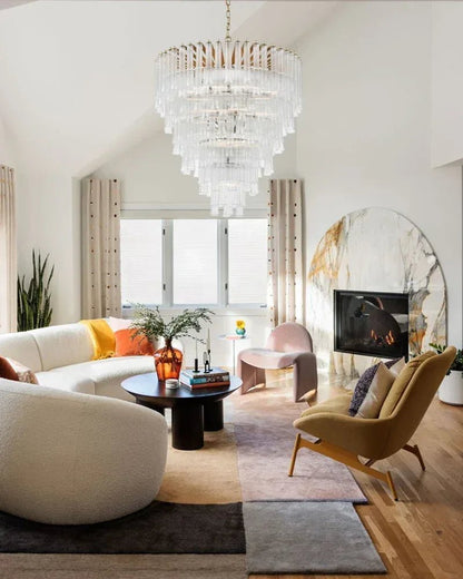 Modern Glass Rod Brass/Chrome Lorelei Waterfall Round Tiered Chandelier - Zelno