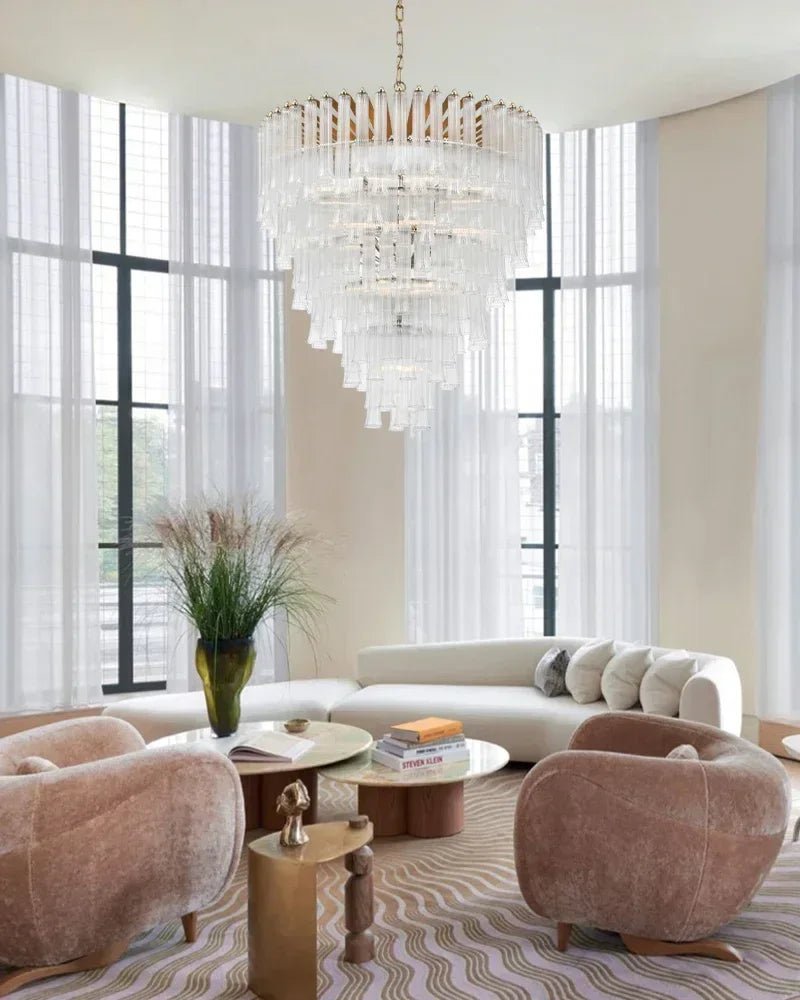 Modern Glass Rod Brass/Chrome Lorelei Waterfall Round Tiered Chandelier - Zelno