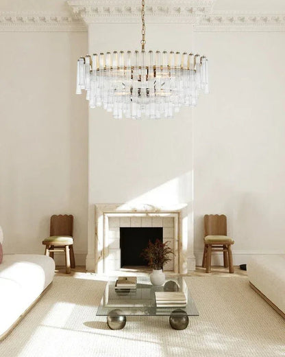 Modern Glass Rod Brass/Chrome Lorelei Waterfall Round Tiered Chandelier - Zelno