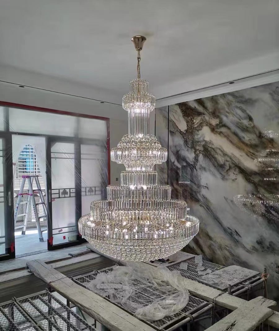 Modern Gold Foyer Extra Large Crystal Chandeliers Round Light Fixture For Hall Entrance - Zelno Lighting