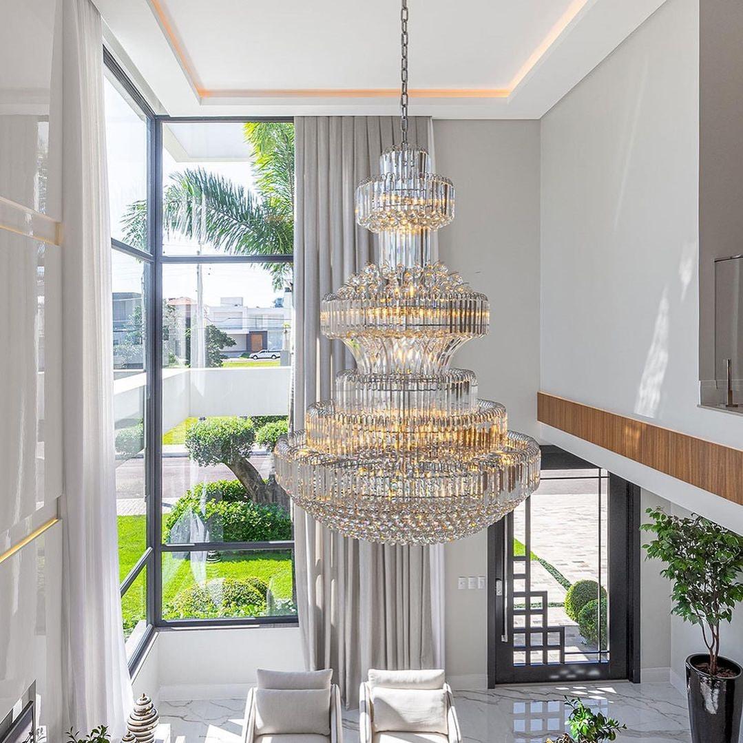 Modern Gold Foyer Extra Large Crystal Chandeliers Round Light Fixture For Hall Entrance - Zelno Lighting