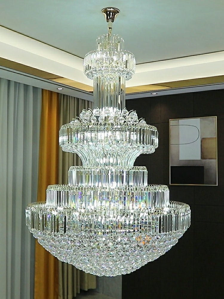 Modern Gold Foyer Extra Large Crystal Chandeliers Round Light Fixture For Hall Entrance - Zelno Lighting