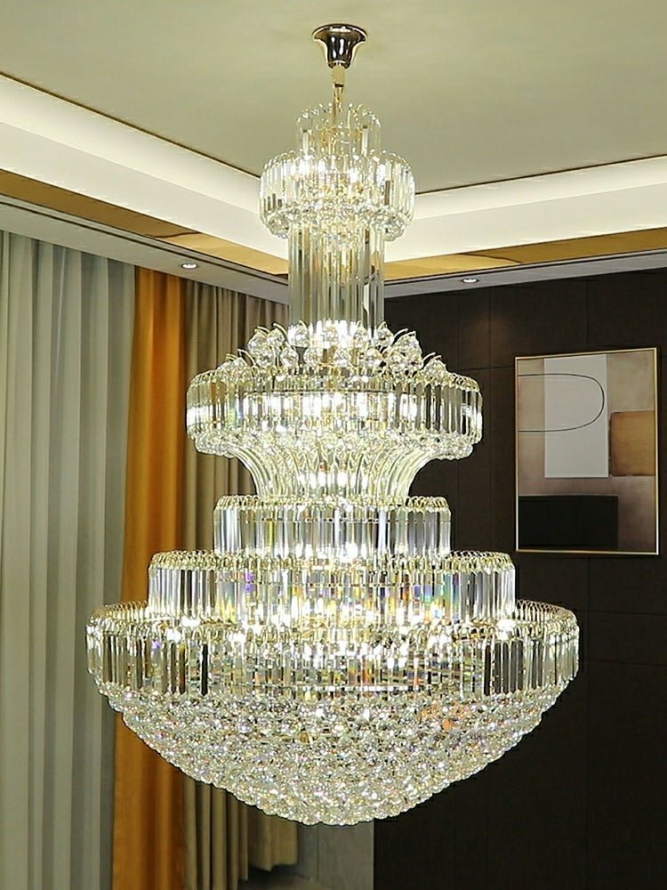 Modern Gold Foyer Extra Large Crystal Chandeliers Round Light Fixture For Hall Entrance - Zelno Lighting