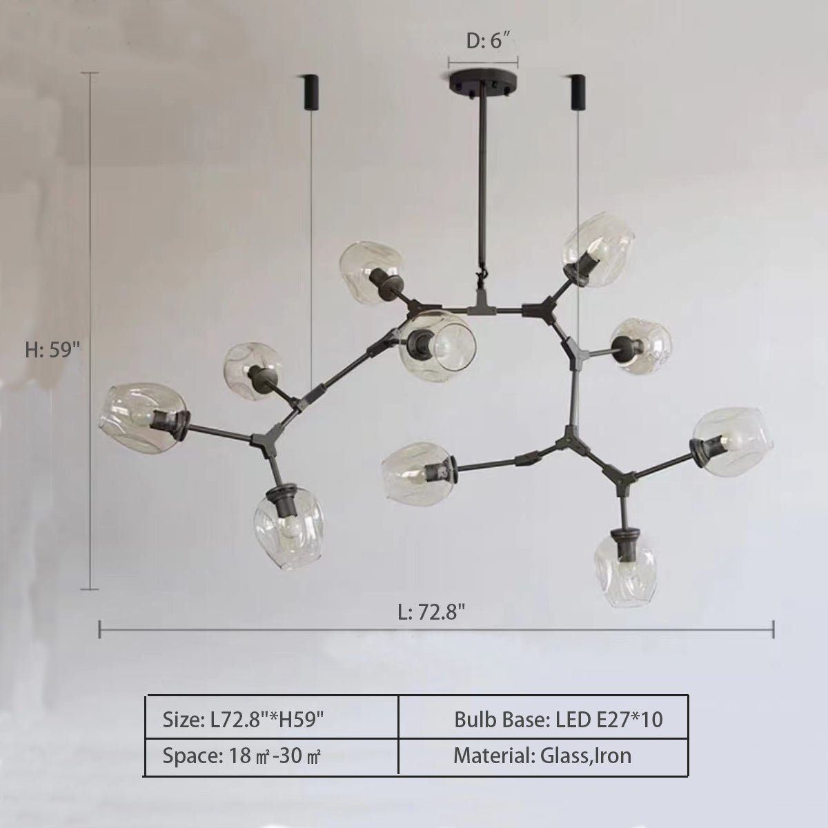 Modern Industrial Branch Chandelier with Multiple Glass Pendants Extra Large for Living or Dining Room - Zelno Lighting