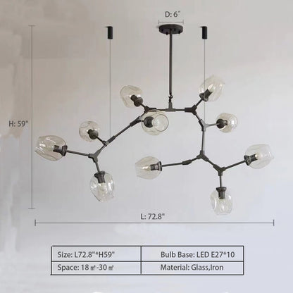 Modern Industrial Branch Chandelier with Multiple Glass Pendants Extra Large for Living or Dining Room - Zelno Lighting