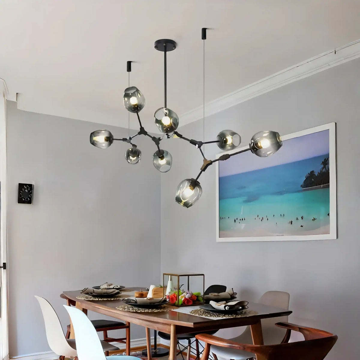 Modern Industrial Branch Chandelier with Multiple Glass Pendants Extra Large for Living or Dining Room - Zelno Lighting