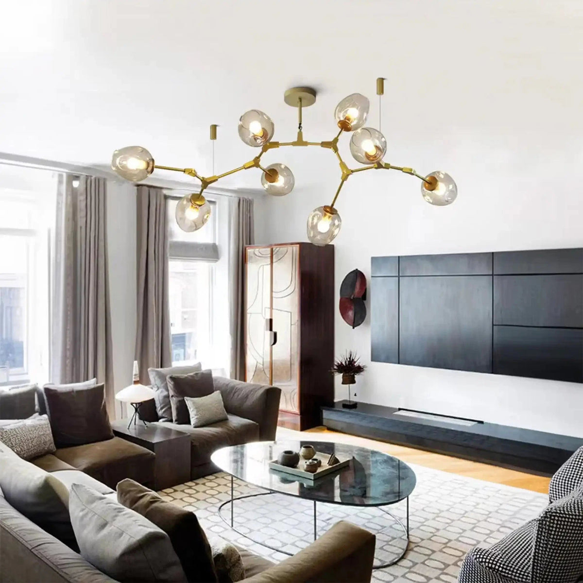 Modern Industrial Branch Chandelier with Multiple Glass Pendants Extra Large for Living or Dining Room - Zelno Lighting