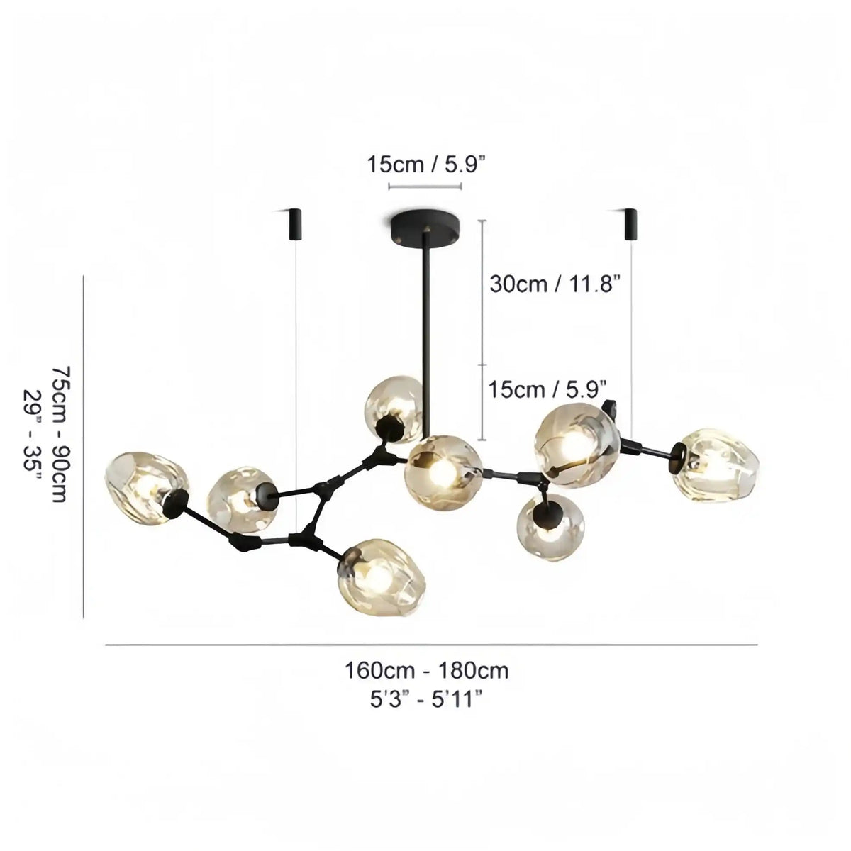 Modern Industrial Branch Chandelier with Multiple Glass Pendants Extra Large for Living or Dining Room - Zelno Lighting
