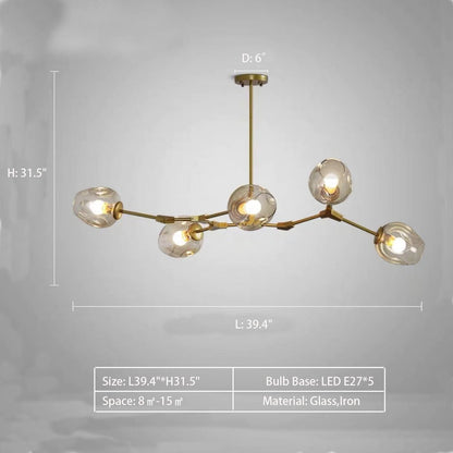 Modern Industrial Branch Chandelier with Multiple Glass Pendants Extra Large for Living or Dining Room - Zelno Lighting