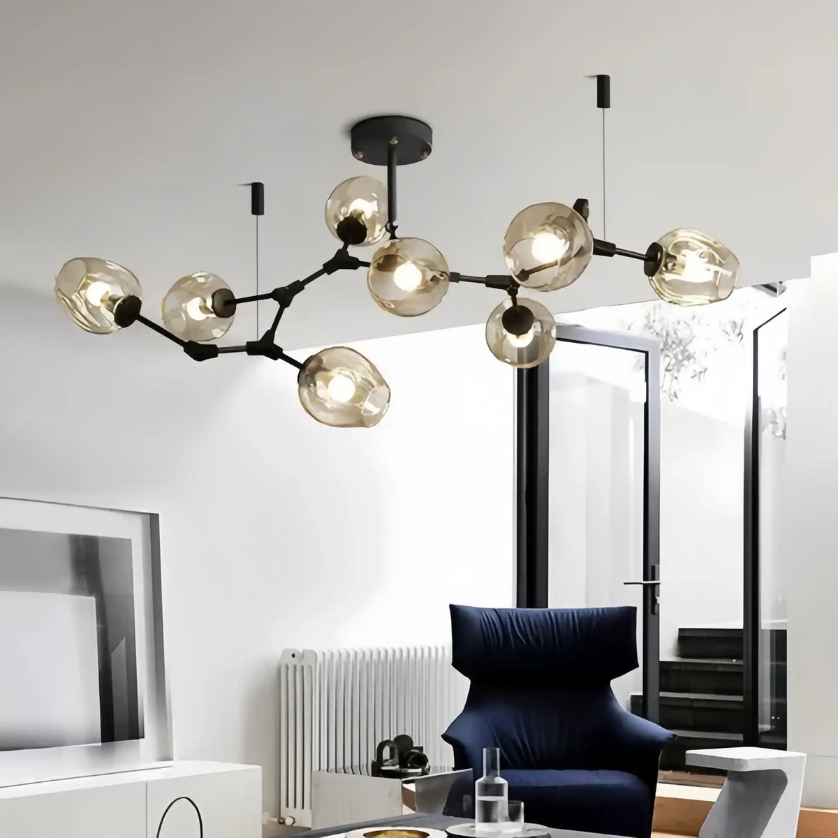 Modern Industrial Branch Chandelier with Multiple Glass Pendants Extra Large for Living or Dining Room - Zelno Lighting