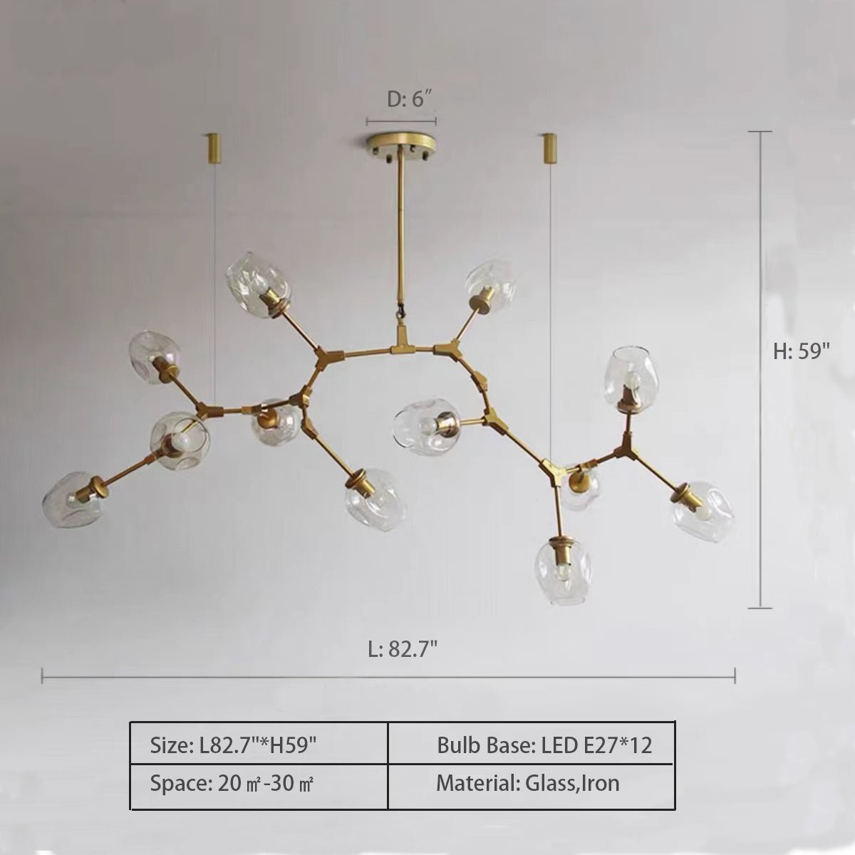 Modern Industrial Branch Chandelier with Multiple Glass Pendants Extra Large for Living or Dining Room - Zelno Lighting