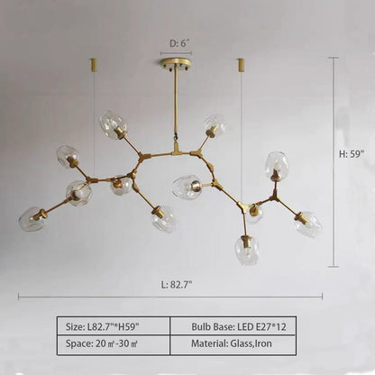 Modern Industrial Branch Chandelier with Multiple Glass Pendants Extra Large for Living or Dining Room - Zelno Lighting