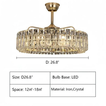 Modern Invisible Blade Fan Light Crystal Chandelier for Living/Dining Room/Bedroom - Zelno