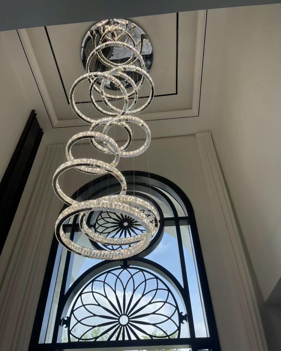 Modern Layered Ring Crystal Chandelier For High Ceiling Living Room /Foryer/Stairscase - Zelno Lighting
