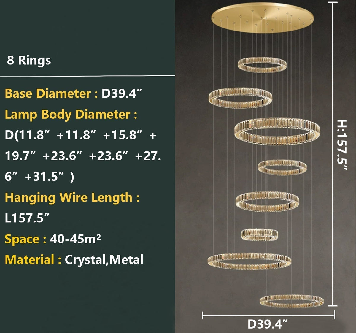 Modern Layered Ring Crystal Chandelier For High Ceiling Living Room /Foryer/Stairscase - Zelno Lighting