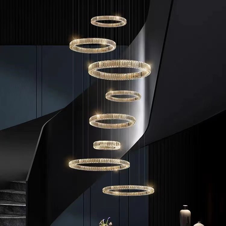 Modern Layered Ring Crystal Chandelier For High Ceiling Living Room /Foryer/Stairscase - Zelno Lighting