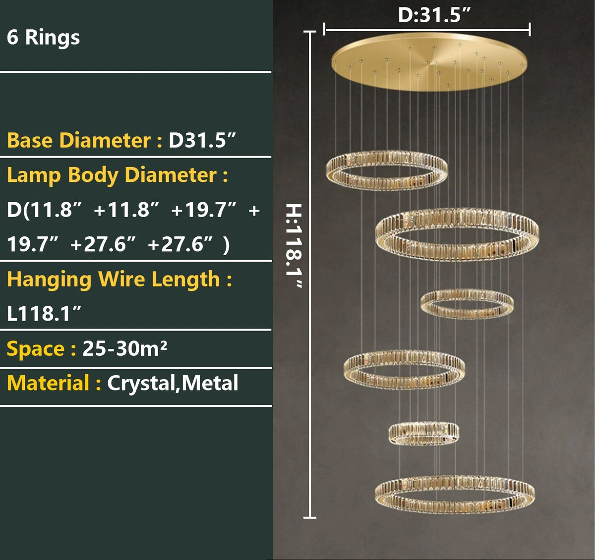 Modern Layered Ring Crystal Chandelier For High Ceiling Living Room /Foryer/Stairscase - Zelno Lighting