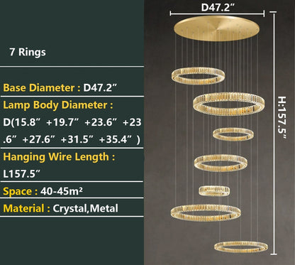 Modern Layered Ring Crystal Chandelier For High Ceiling Living Room /Foryer/Stairscase - Zelno Lighting