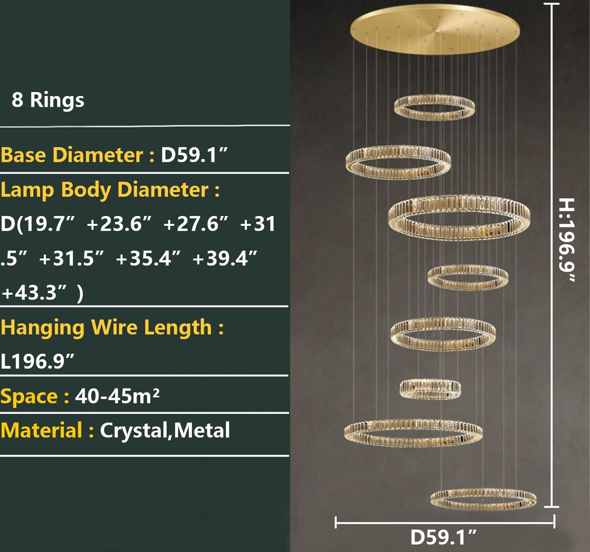 Modern Layered Ring Crystal Chandelier For High Ceiling Living Room /Foryer/Stairscase - Zelno Lighting