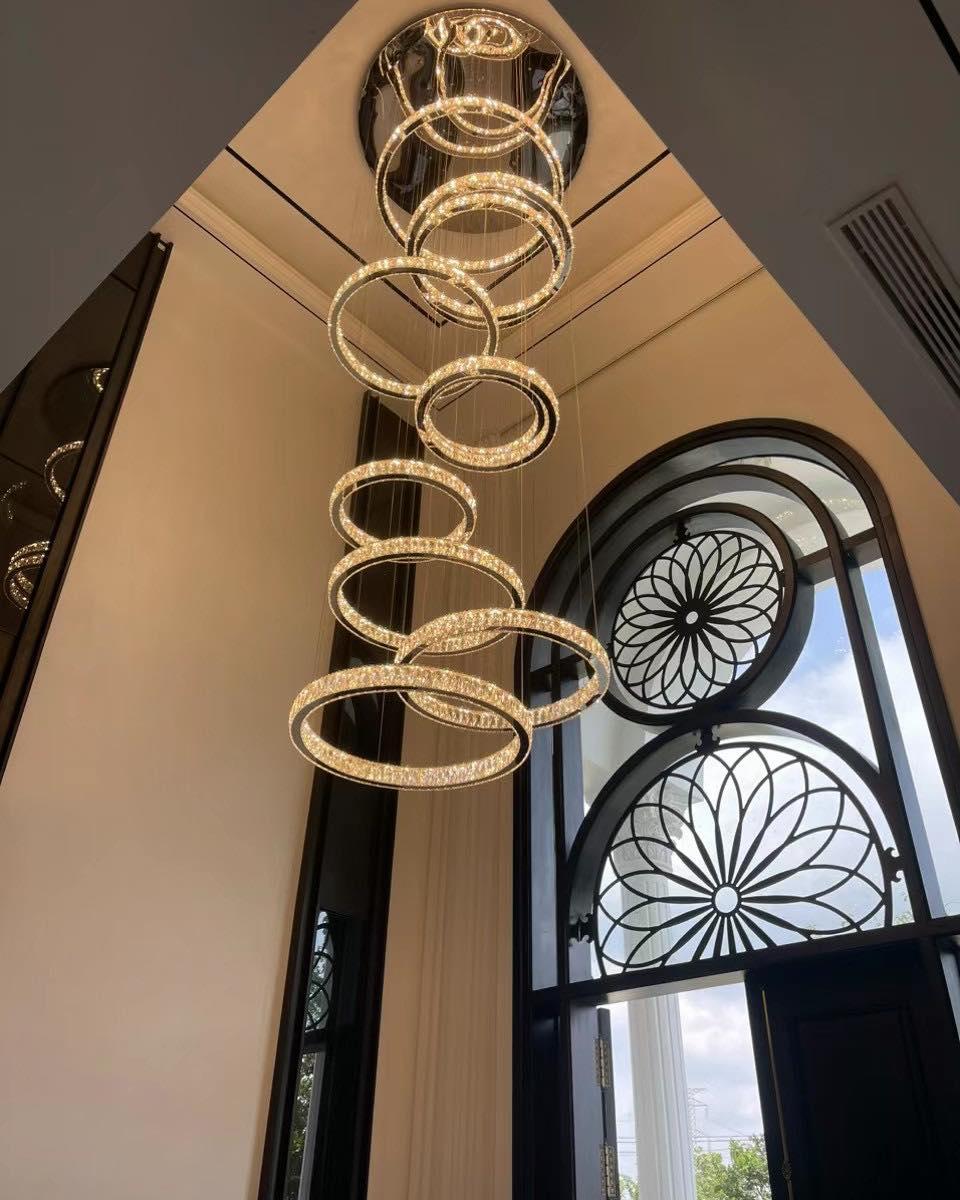 Modern Layered Ring Crystal Chandelier For High Ceiling Living Room /Foryer/Stairscase - Zelno Lighting