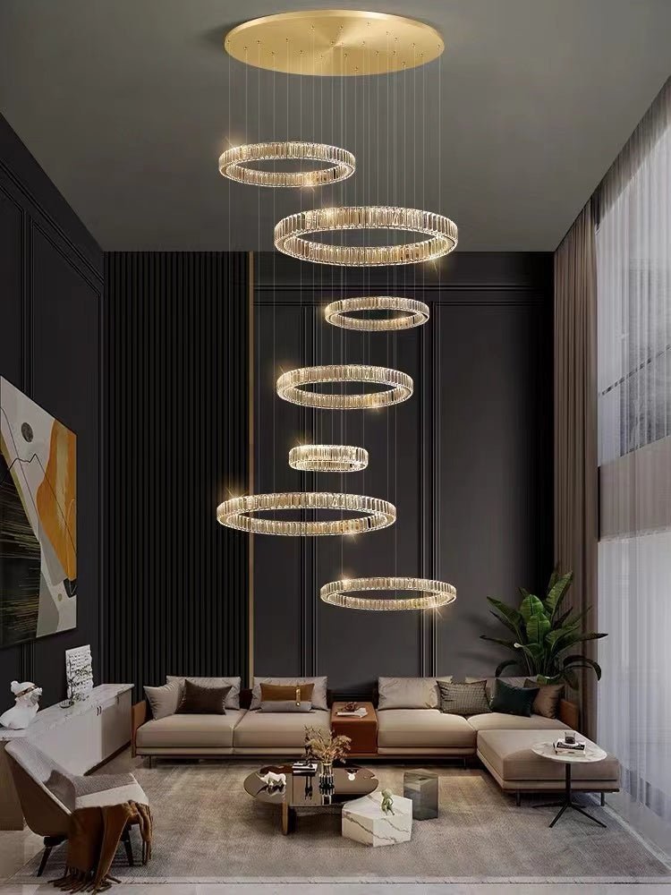 Modern Layered Ring Crystal Chandelier For High Ceiling Living Room /Foryer/Stairscase - Zelno Lighting