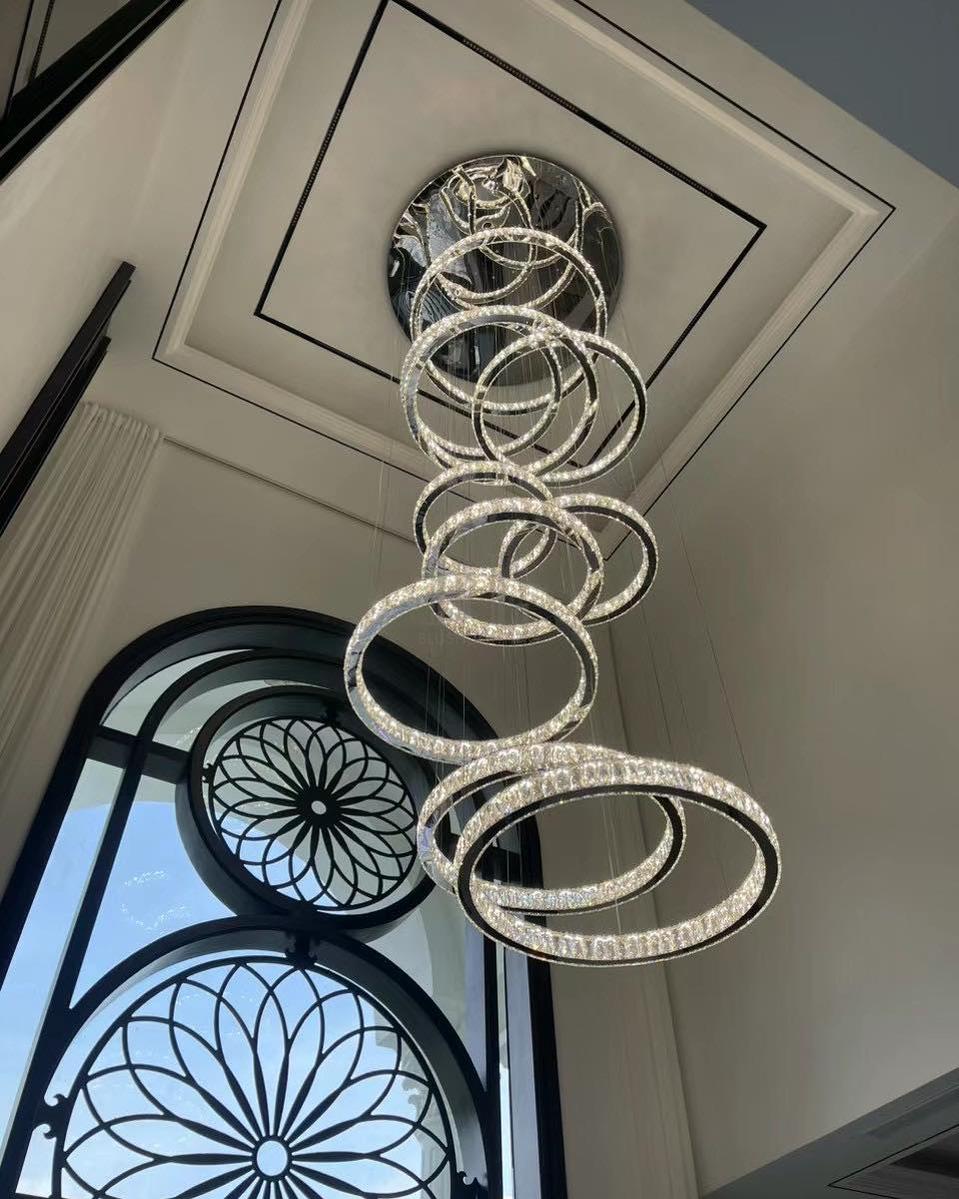 Modern Layered Ring Crystal Chandelier For High Ceiling Living Room /Foryer/Stairscase - Zelno Lighting