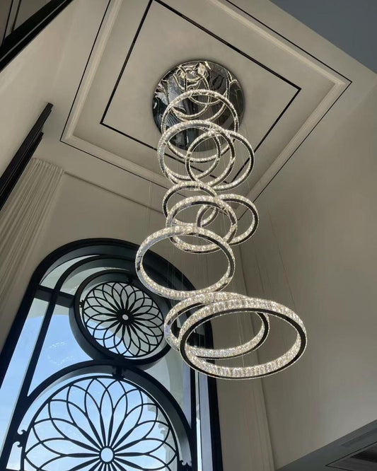 Modern Layered Ring Crystal Chandelier For High Ceiling Living Room /Foryer/Stairscase - Zelno Lighting