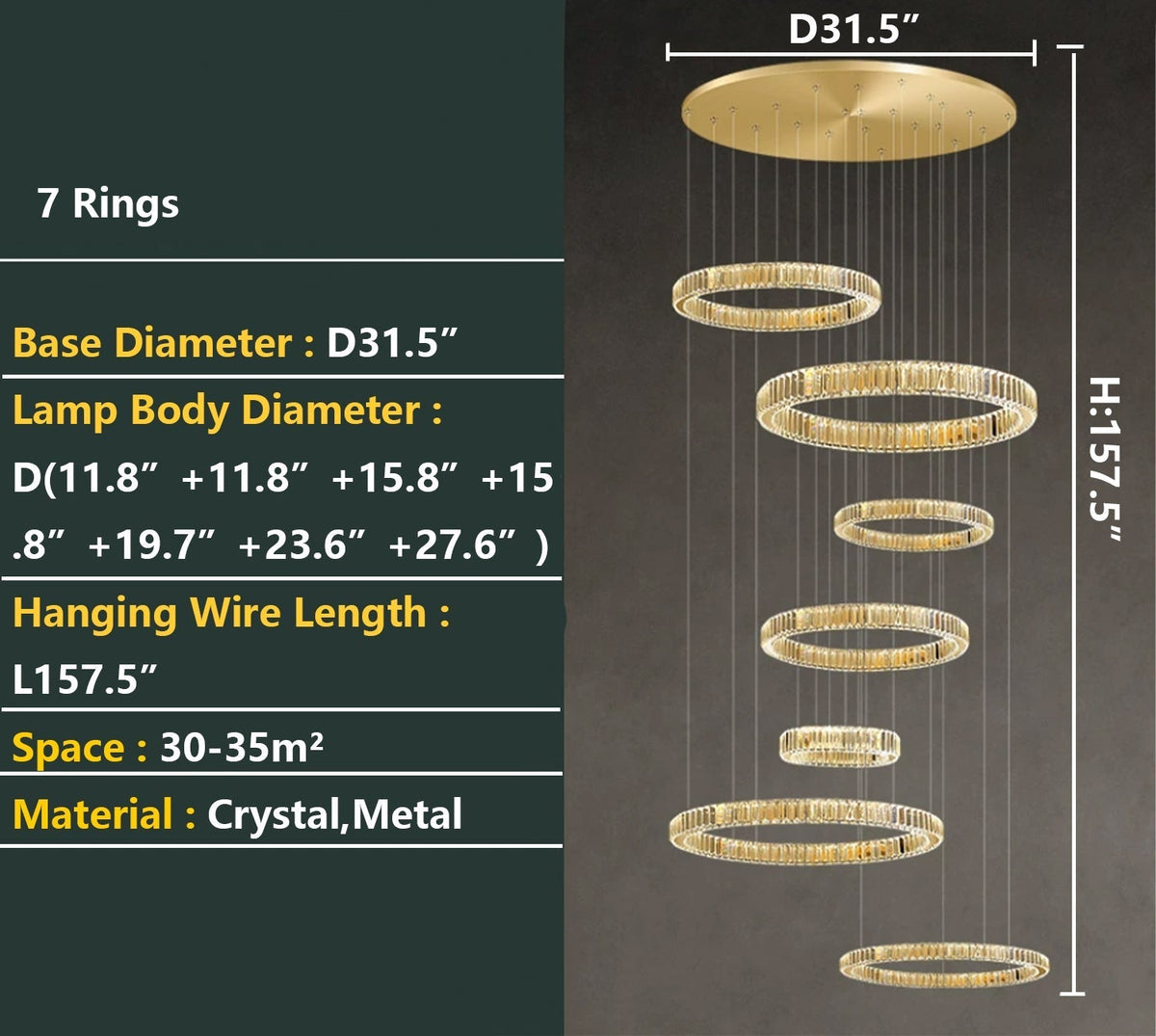 Modern Layered Ring Crystal Chandelier For High Ceiling Living Room /Foryer/Stairscase - Zelno Lighting