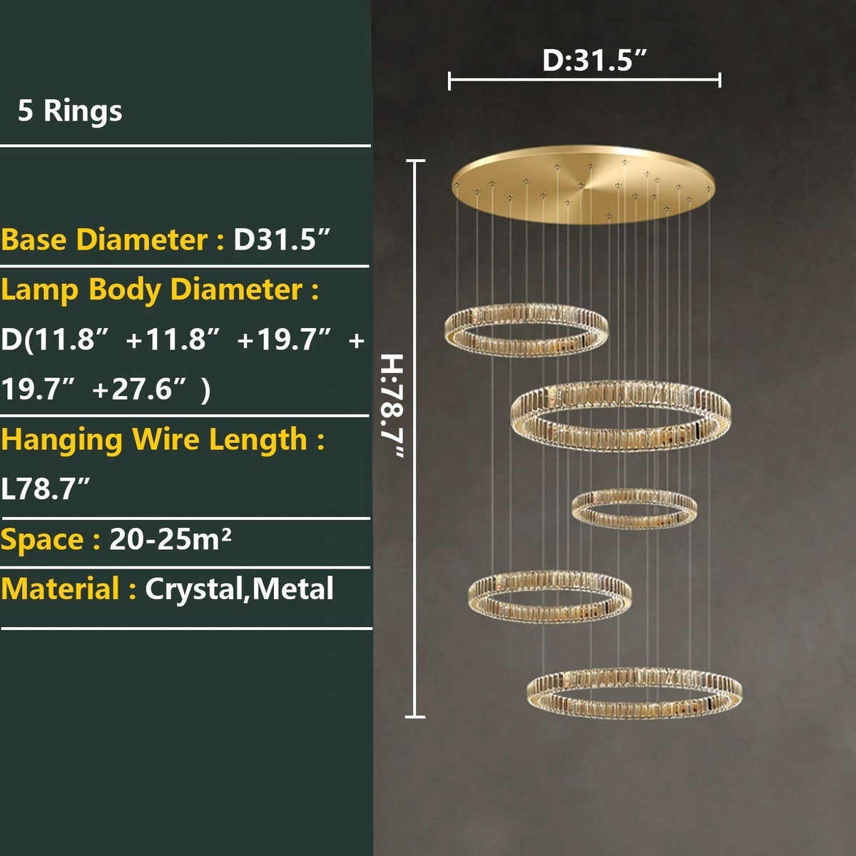 Modern Layered Ring Crystal Chandelier For High Ceiling Living Room /Foryer/Stairscase - Zelno Lighting