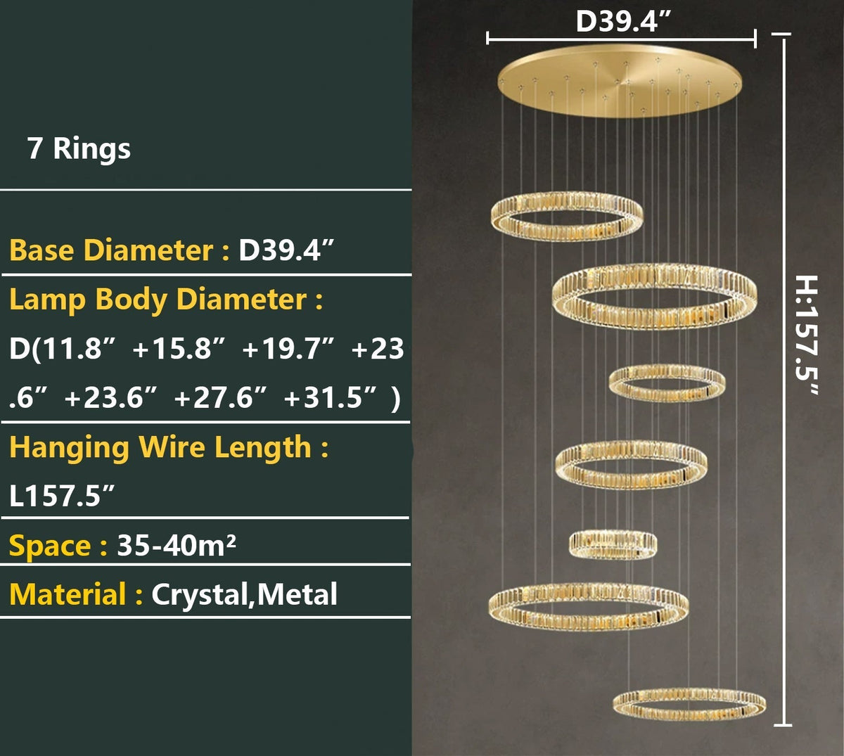 Modern Layered Ring Crystal Chandelier For High Ceiling Living Room /Foryer/Stairscase - Zelno Lighting