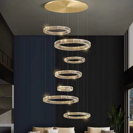 Modern Layered Ring Crystal Chandelier For High Ceiling Living Room /Foryer/Stairscase - Zelno Lighting