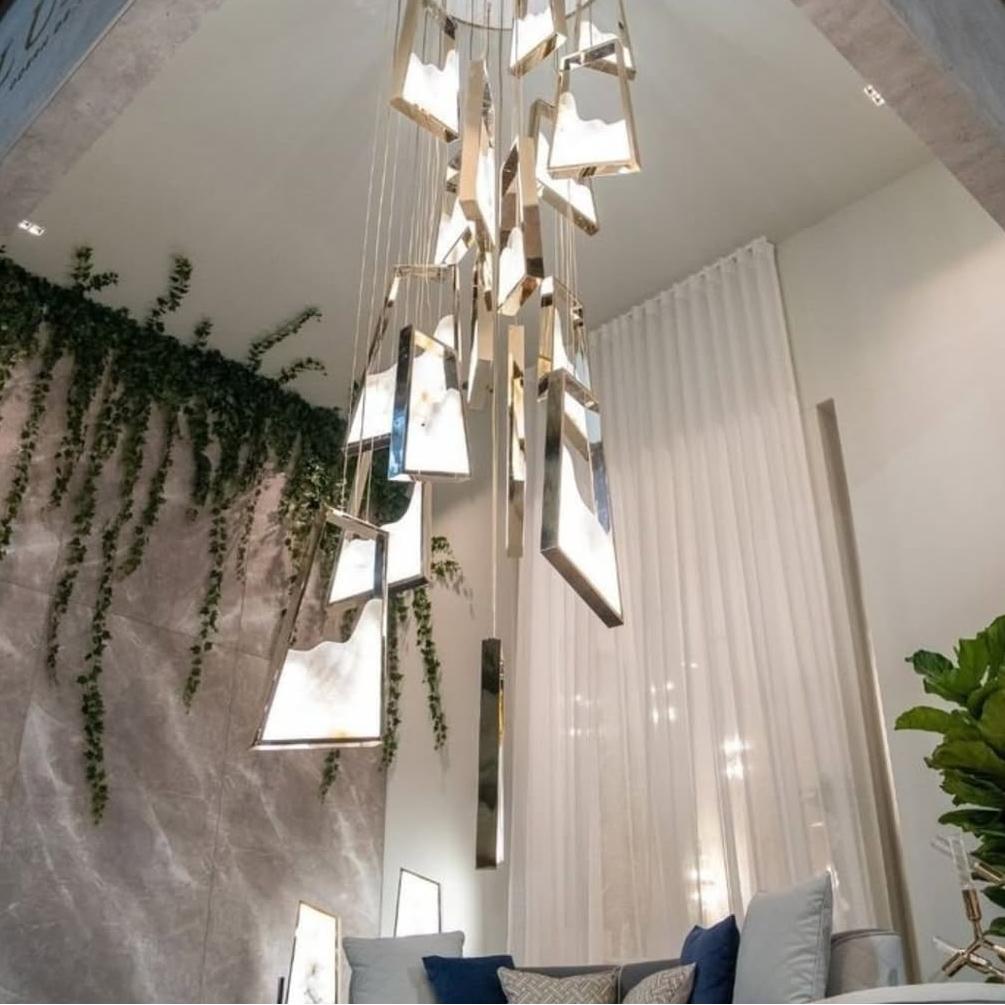 Modern Light Luxury Alabaster Chandelier in Gold Finish - Zelno Lighting