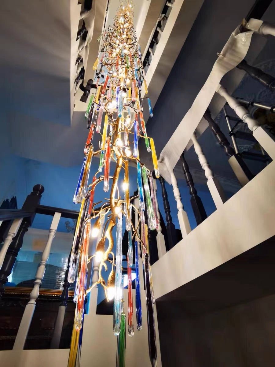 Modern Light Luxury Brass Branches Colored Glass Column Chandelier for Staircase/Living Room/High-ceiling Space - Zelno Lighting