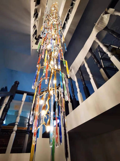 Modern Light Luxury Brass Branches Colored Glass Column Chandelier for Staircase/Living Room/High-ceiling Space - Zelno Lighting