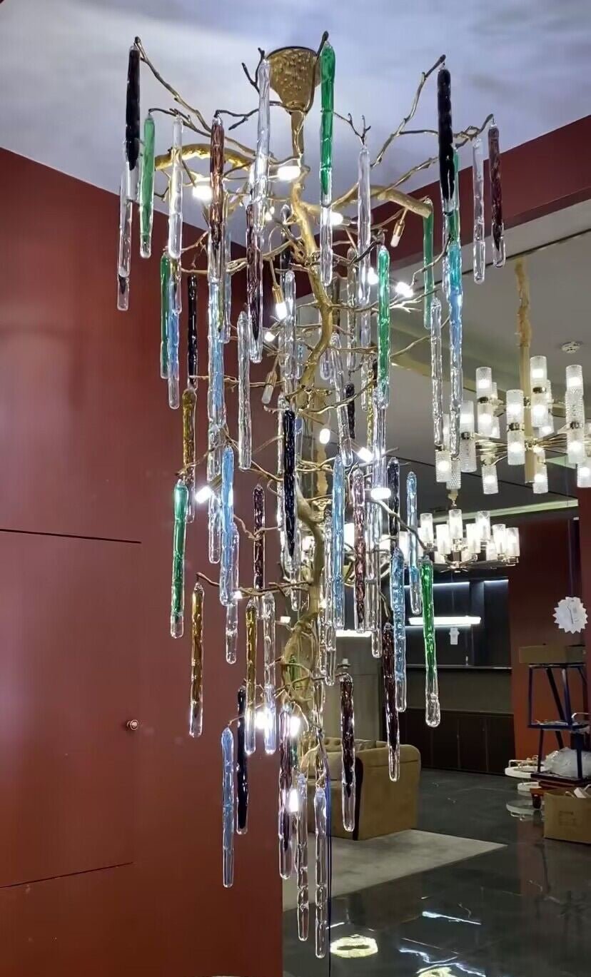 Modern Light Luxury Brass Branches Colored Glass Column Chandelier for Staircase/Living Room/High-ceiling Space - Zelno Lighting