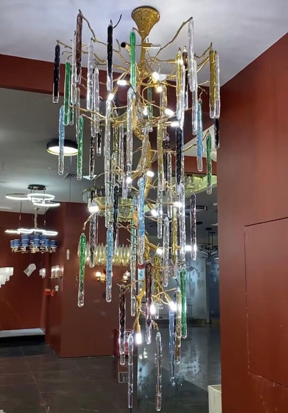 Modern Light Luxury Brass Branches Colored Glass Column Chandelier for Staircase/Living Room/High-ceiling Space - Zelno Lighting