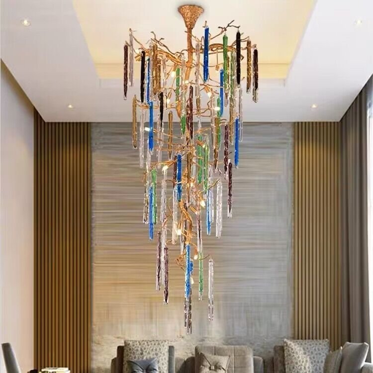 Modern Light Luxury Brass Branches Colored Glass Column Chandelier for Staircase/Living Room/High-ceiling Space - Zelno Lighting