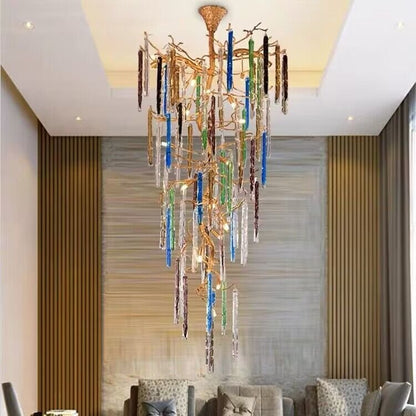 Modern Light Luxury Brass Branches Colored Glass Column Chandelier for Staircase/Living Room/High-ceiling Space - Zelno Lighting