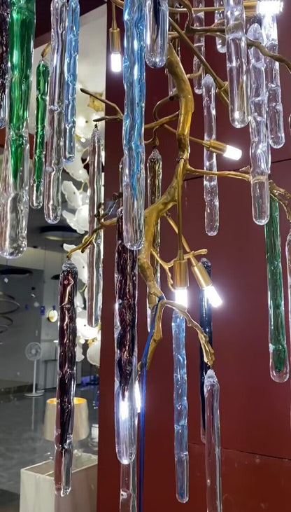 Modern Light Luxury Brass Branches Colored Glass Column Chandelier for Staircase/Living Room/High-ceiling Space - Zelno Lighting