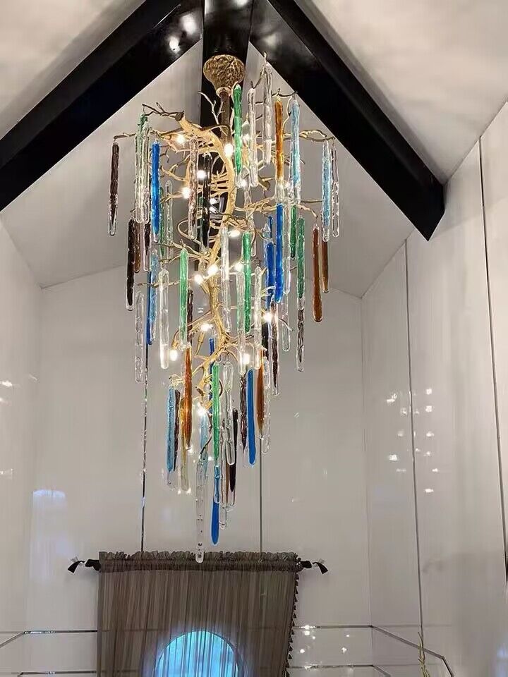 Modern Light Luxury Brass Branches Colored Glass Column Chandelier for Staircase/Living Room/High-ceiling Space - Zelno Lighting