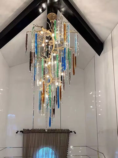 Modern Light Luxury Brass Branches Colored Glass Column Chandelier for Staircase/Living Room/High-ceiling Space - Zelno Lighting