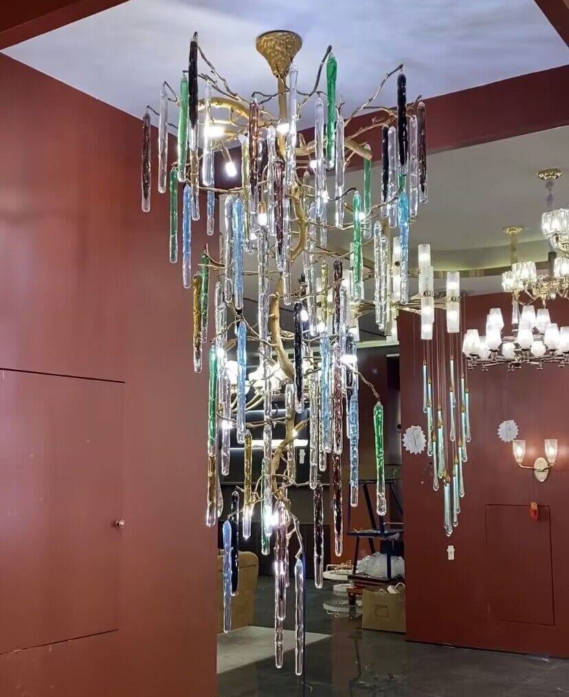 Modern Light Luxury Brass Branches Colored Glass Column Chandelier for Staircase/Living Room/High-ceiling Space - Zelno Lighting